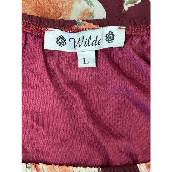 Wilde Floral Boho Dress Large Off Shoulder Burgundy Sheer‎ Ruffle Sleeve Cottage - Picture 8 of 8